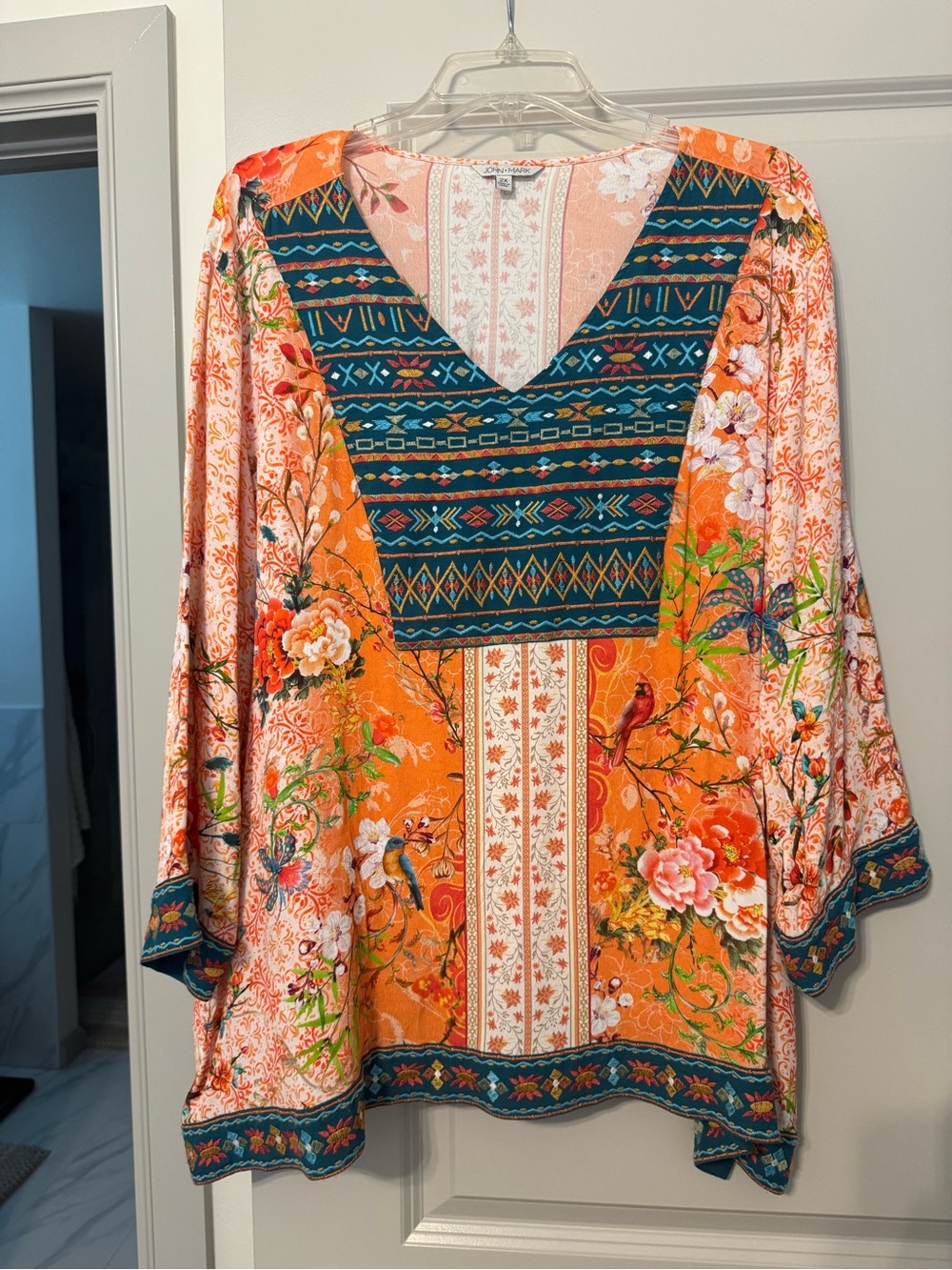 John Mark Orange Floral V-Neck Tunic with Teal Trim